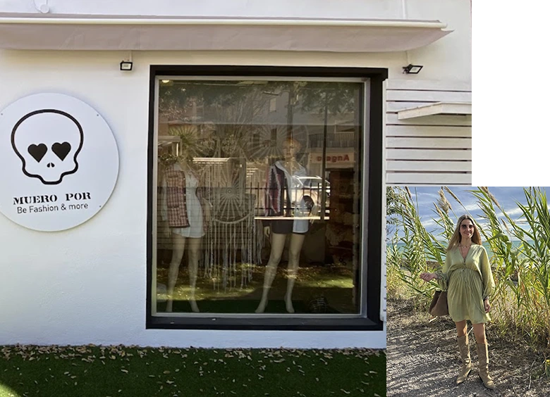 foto fachada y foto mujer posando con vestido y botas