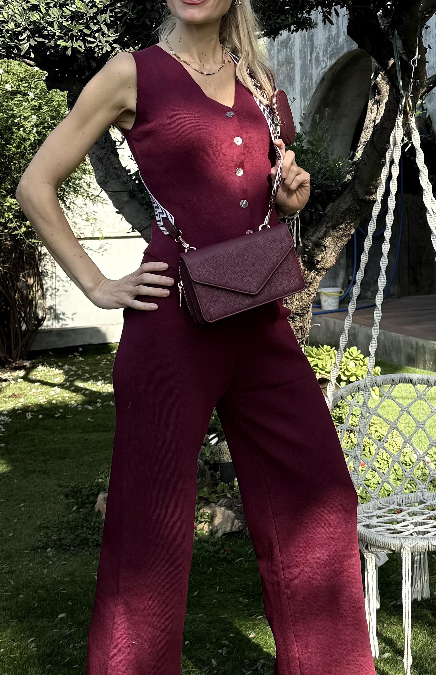 Conjunto punto chaleco pantalón wide leg