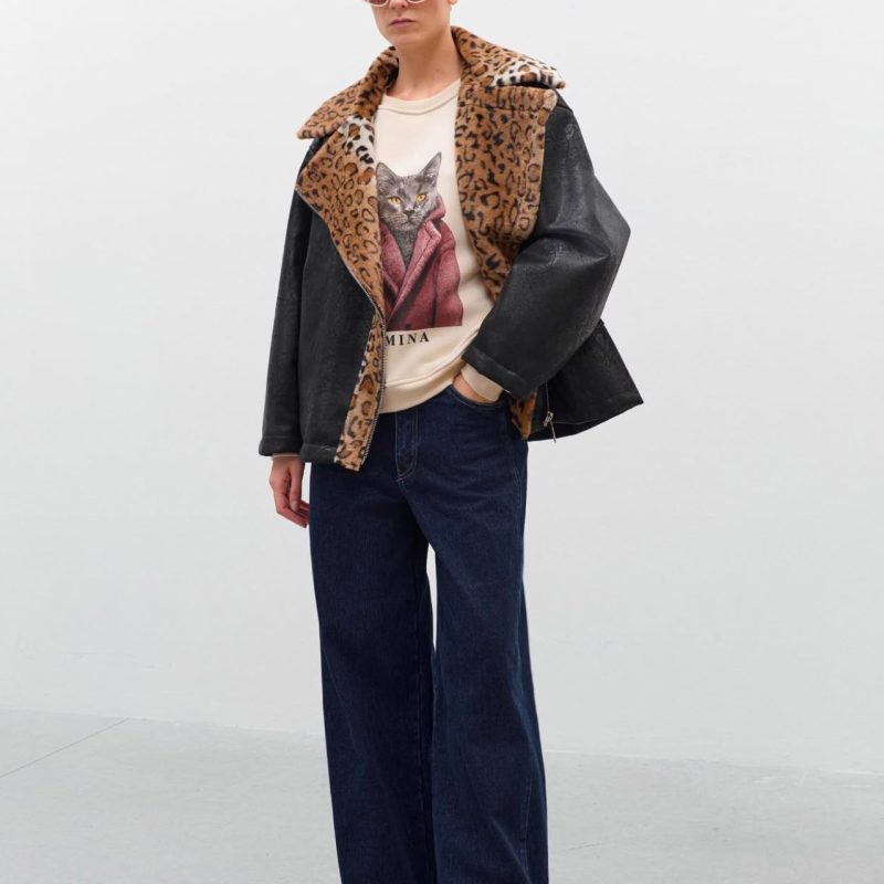 Chaqueta biker efecto piel con solapa cuello e interior de pelo con animal print