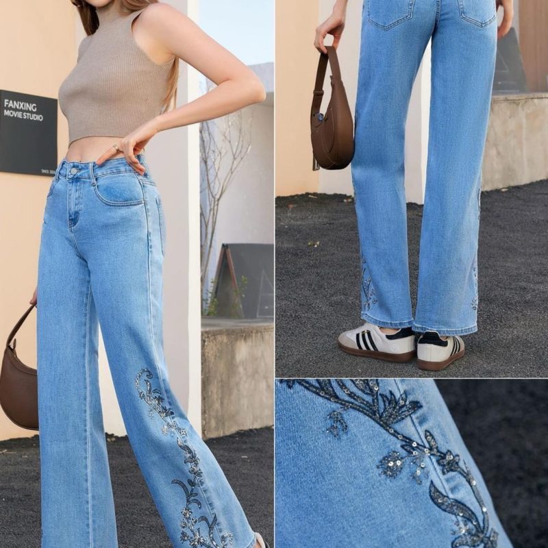 Jeans flare con bordados con lentejuela, elásticos y confortables